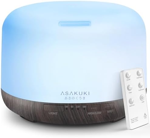 ASAKUKI Ultrasonic Aromatherapy Humidifier 500ml for Large Room, 7 LED Colors & Remote Control, Timer & Auto-Off
