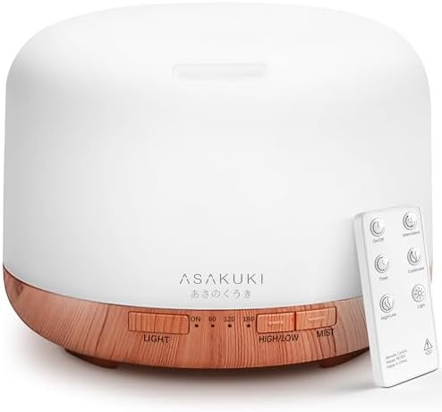 ASAKUKI Ultrasonic Aromatherapy Humidifier 500ml for Large Room, 7 LED Colors & Remote Control, Timer & Auto-Off