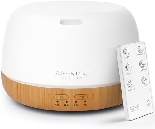 ASAKUKI Ultrasonic Aromatherapy Humidifier 500ml for Large Room, 7 LED Colors & Remote Control, Timer & Auto-Off