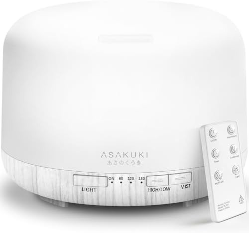 ASAKUKI Ultrasonic Aromatherapy Humidifier 500ml for Large Room, 7 LED Colors & Remote Control, Timer & Auto-Off