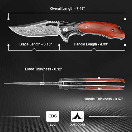 Damascus Pocket Knife for Women, |15" VG10 Damascus Steel Blade EDC Folding Knife, Abalone Shells Handle, Ideal Gift for