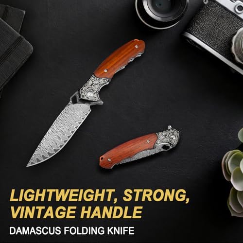 Damascus Pocket Knife for Women, |15" VG10 Damascus Steel Blade EDC Folding Knife, Abalone Shells Handle, Ideal Gift for