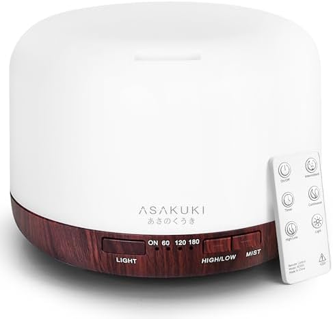 ASAKUKI Ultrasonic Aromatherapy Humidifier 500ml for Large Room, 7 LED Colors & Remote Control, Timer & Auto-Off