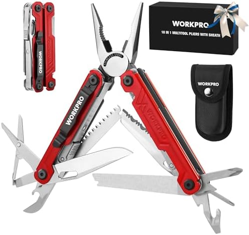 WORKPRO 18-in-1 Multi Tool Pliers for Men Camping Gifts, Stainless Steel EDC Multitool with Pocket Knife and Safety Lock