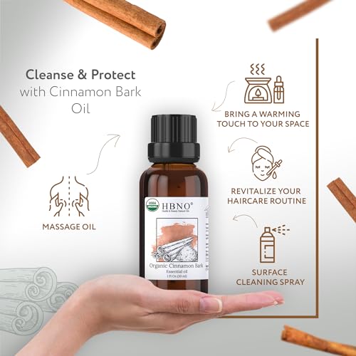 HBNO Organic Cinnamon Bark Essential Oil - 1 oz - For Diffusers, Cleaning & More