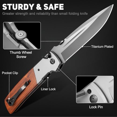 NedFoss DA52 Men's |5" Compact EDC Knife, Lightweight Camping Folding Knife, Rosewood Handle with Aluminium Bolster, Lin