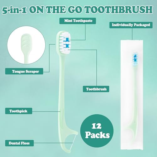 5-in-1 Travel Toothbrush Set for Work or Travel | Prepasted Disposable Mini Toothbrushes 12 Pack Mint | Travel Toothbru