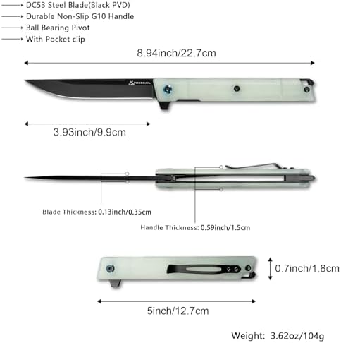 DC53 Steel Blade and G10 Handle Pocket Knife for Men Hiking Trip EDC Tool (Black PVD Blade) Pocket Knife with DC53 Ste