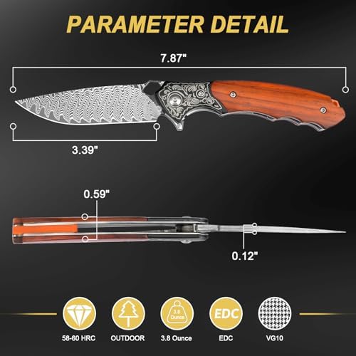 Damascus Pocket Knife for Women, |15" VG10 Damascus Steel Blade EDC Folding Knife, Abalone Shells Handle, Ideal Gift for