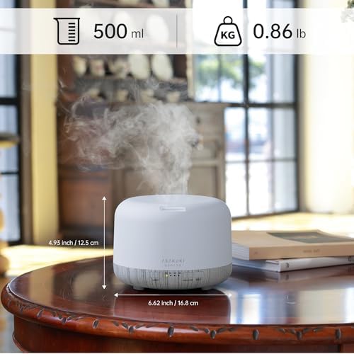 ASAKUKI Ultrasonic Aromatherapy Humidifier 500ml for Large Room, 7 LED Colors & Remote Control, Timer & Auto-Off