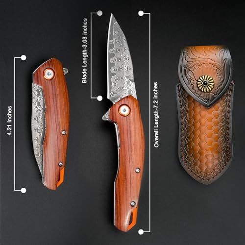 Damascus Pocket Knife for Women, |15" VG10 Damascus Steel Blade EDC Folding Knife, Abalone Shells Handle, Ideal Gift for