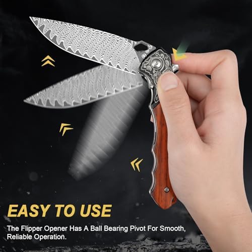 Damascus Pocket Knife for Women, |15" VG10 Damascus Steel Blade EDC Folding Knife, Abalone Shells Handle, Ideal Gift for