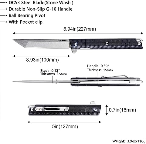 DC53 Steel Blade and G10 Handle Pocket Knife for Men Hiking Trip EDC Tool (Black PVD Blade) Pocket Knife with DC53 Ste