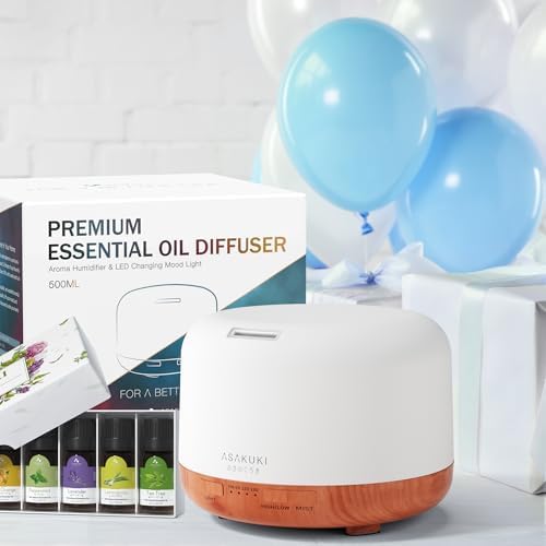 ASAKUKI Ultrasonic Aromatherapy Humidifier 500ml for Large Room, 7 LED Colors & Remote Control, Timer & Auto-Off