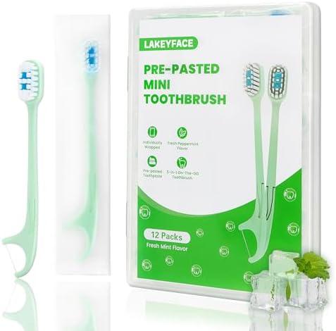 5-in-1 Travel Toothbrush Set for Work or Travel | Prepasted Disposable Mini Toothbrushes 12 Pack Mint | Travel Toothbru