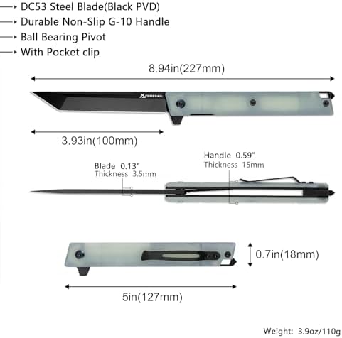 DC53 Steel Blade and G10 Handle Pocket Knife for Men Hiking Trip EDC Tool (Black PVD Blade) Pocket Knife with DC53 Ste