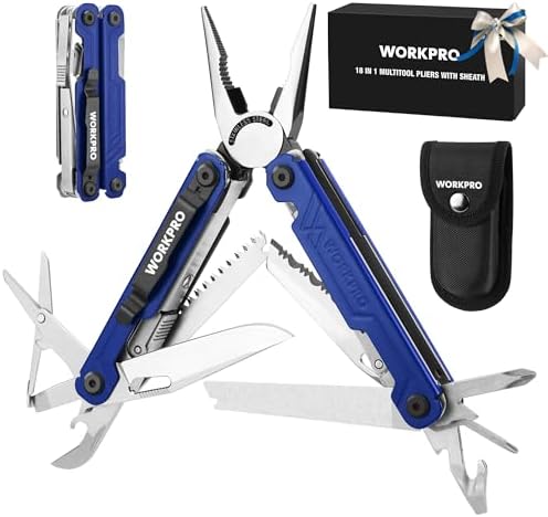 WORKPRO 18-in-1 Multi Tool Pliers for Men Camping Gifts, Stainless Steel EDC Multitool with Pocket Knife and Safety Lock