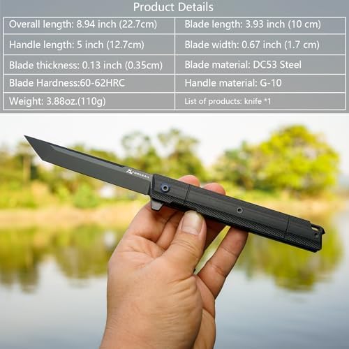 DC53 Steel Blade and G10 Handle Pocket Knife for Men Hiking Trip EDC Tool (Black PVD Blade) Pocket Knife with DC53 Ste