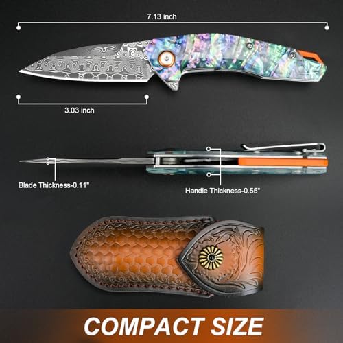Damascus Pocket Knife for Women, |15" VG10 Damascus Steel Blade EDC Folding Knife, Abalone Shells Handle, Ideal Gift for