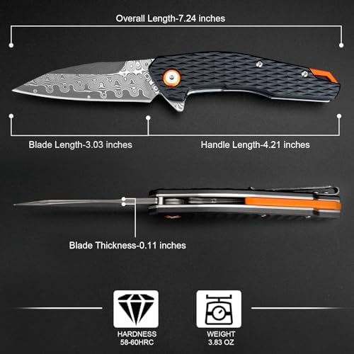 Damascus Pocket Knife for Women, |15" VG10 Damascus Steel Blade EDC Folding Knife, Abalone Shells Handle, Ideal Gift for