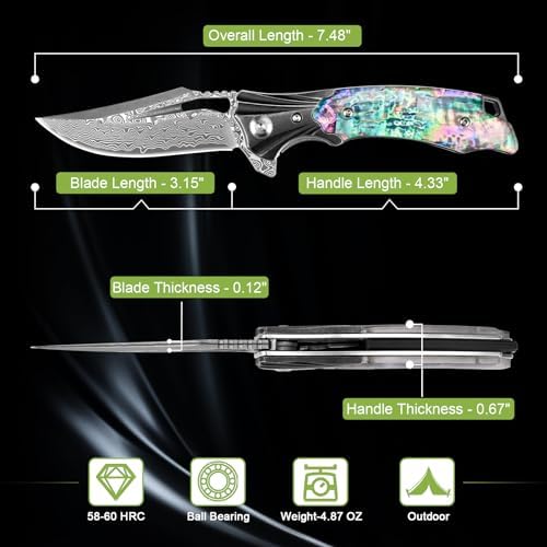 Damascus Pocket Knife for Women, |15" VG10 Damascus Steel Blade EDC Folding Knife, Abalone Shells Handle, Ideal Gift for