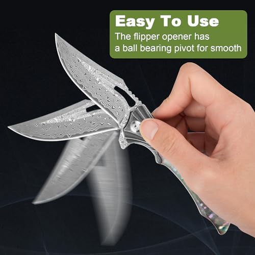 Damascus Pocket Knife for Women, |15" VG10 Damascus Steel Blade EDC Folding Knife, Abalone Shells Handle, Ideal Gift for