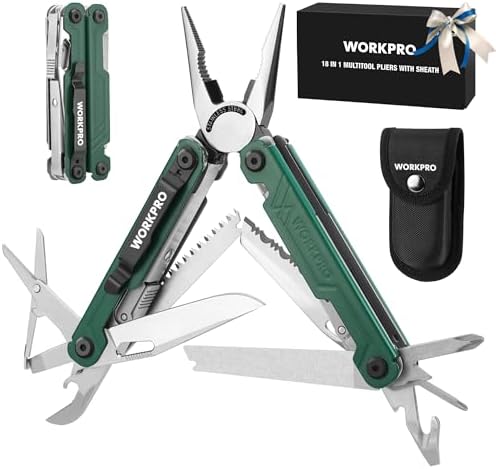 WORKPRO 18-in-1 Multi Tool Pliers for Men Camping Gifts, Stainless Steel EDC Multitool with Pocket Knife and Safety Lock