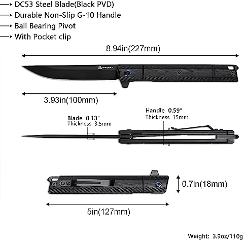 DC53 Steel Blade and G10 Handle Pocket Knife for Men Hiking Trip EDC Tool (Black PVD Blade) Pocket Knife with DC53 Ste