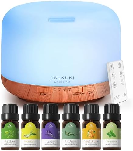 ASAKUKI Ultrasonic Aromatherapy Humidifier 500ml for Large Room, 7 LED Colors & Remote Control, Timer & Auto-Off
