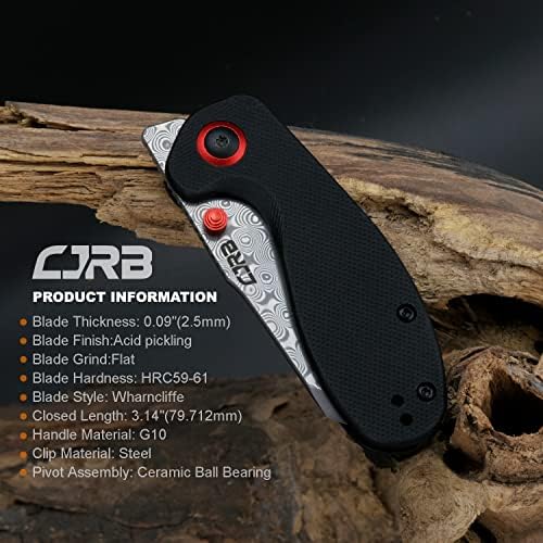 CJRB Maileah Pocket Knife: Men's Outdoor Survival Folding EDC Knife - |39" Damascus Steel Blade, Black G10 Handle - J191