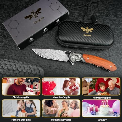 Damascus Pocket Knife for Women, |15" VG10 Damascus Steel Blade EDC Folding Knife, Abalone Shells Handle, Ideal Gift for