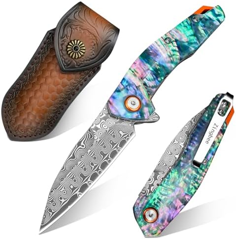 Damascus Pocket Knife for Women, |15" VG10 Damascus Steel Blade EDC Folding Knife, Abalone Shells Handle, Ideal Gift for