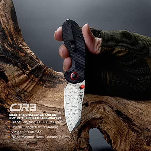 CJRB Maileah Pocket Knife: Men's Outdoor Survival Folding EDC Knife - |39" Damascus Steel Blade, Black G10 Handle - J191