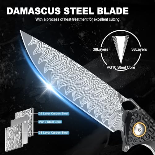 Damascus Pocket Knife for Women, |15" VG10 Damascus Steel Blade EDC Folding Knife, Abalone Shells Handle, Ideal Gift for