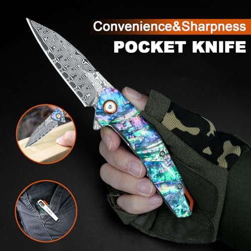 Damascus Pocket Knife for Women, |15" VG10 Damascus Steel Blade EDC Folding Knife, Abalone Shells Handle, Ideal Gift for