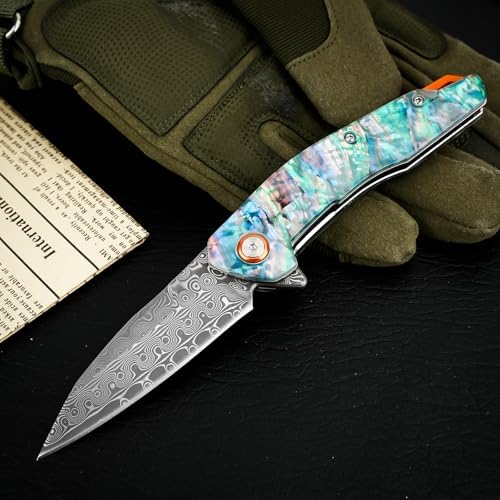 Damascus Pocket Knife for Women, |15" VG10 Damascus Steel Blade EDC Folding Knife, Abalone Shells Handle, Ideal Gift for