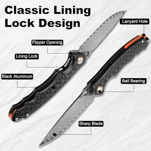 Damascus Pocket Knife for Women, |15" VG10 Damascus Steel Blade EDC Folding Knife, Abalone Shells Handle, Ideal Gift for