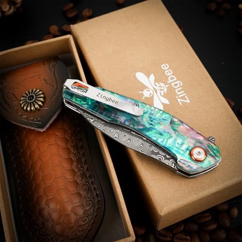 Damascus Pocket Knife for Women, |15" VG10 Damascus Steel Blade EDC Folding Knife, Abalone Shells Handle, Ideal Gift for