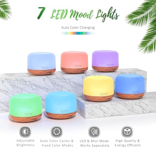 ASAKUKI Ultrasonic Aromatherapy Humidifier 500ml for Large Room, 7 LED Colors & Remote Control, Timer & Auto-Off