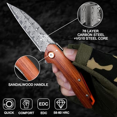 Damascus Pocket Knife for Women, |15" VG10 Damascus Steel Blade EDC Folding Knife, Abalone Shells Handle, Ideal Gift for