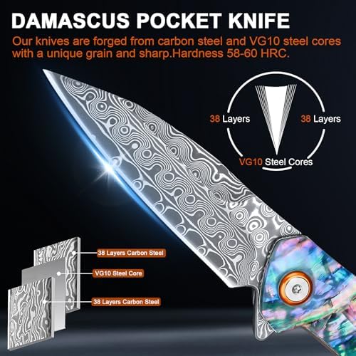 Damascus Pocket Knife for Women, |15" VG10 Damascus Steel Blade EDC Folding Knife, Abalone Shells Handle, Ideal Gift for