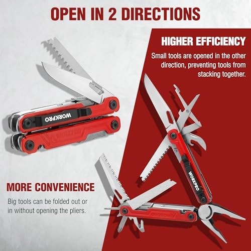 WORKPRO 18-in-1 Multi Tool Pliers for Men Camping Gifts, Stainless Steel EDC Multitool with Pocket Knife and Safety Lock