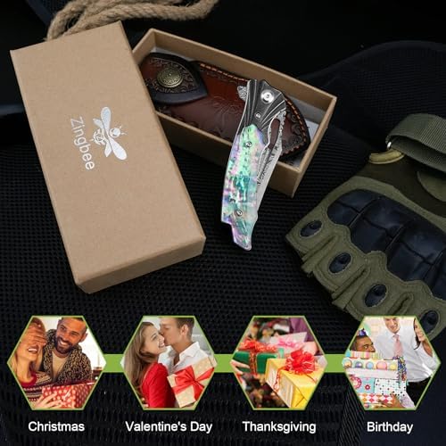 Damascus Pocket Knife for Women, |15" VG10 Damascus Steel Blade EDC Folding Knife, Abalone Shells Handle, Ideal Gift for