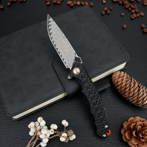 Damascus Pocket Knife for Women, |15" VG10 Damascus Steel Blade EDC Folding Knife, Abalone Shells Handle, Ideal Gift for