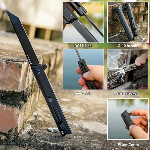 DC53 Steel Blade and G10 Handle Pocket Knife for Men Hiking Trip EDC Tool (Black PVD Blade) Pocket Knife with DC53 Ste