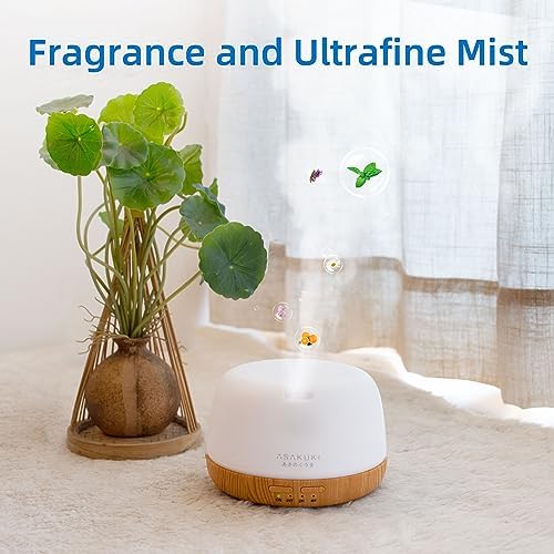 ASAKUKI Ultrasonic Aromatherapy Humidifier 500ml for Large Room, 7 LED Colors & Remote Control, Timer & Auto-Off