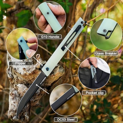 DC53 Steel Blade and G10 Handle Pocket Knife for Men Hiking Trip EDC Tool (Black PVD Blade) Pocket Knife with DC53 Ste