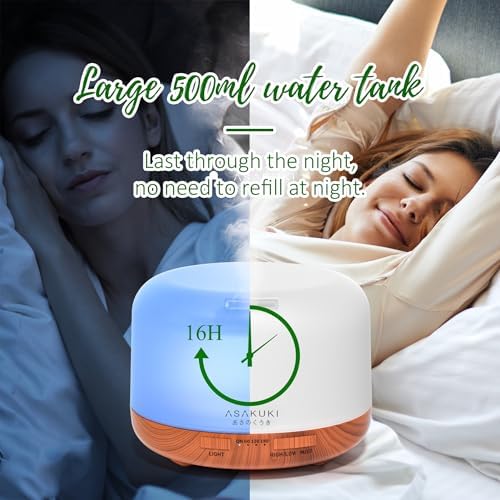 ASAKUKI Ultrasonic Aromatherapy Humidifier 500ml for Large Room, 7 LED Colors & Remote Control, Timer & Auto-Off