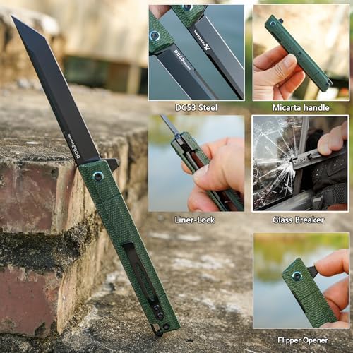 DC53 Steel Blade and G10 Handle Pocket Knife for Men Hiking Trip EDC Tool (Black PVD Blade) Pocket Knife with DC53 Ste