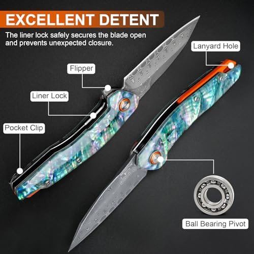Damascus Pocket Knife for Women, |15" VG10 Damascus Steel Blade EDC Folding Knife, Abalone Shells Handle, Ideal Gift for